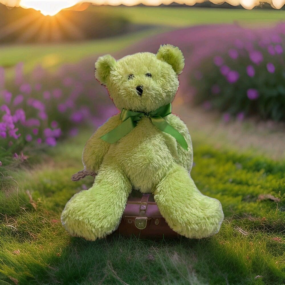Burton & Burton Green Teddy Bear Plush W/ Ribbon Bow Tie Blacklight Glow Radium